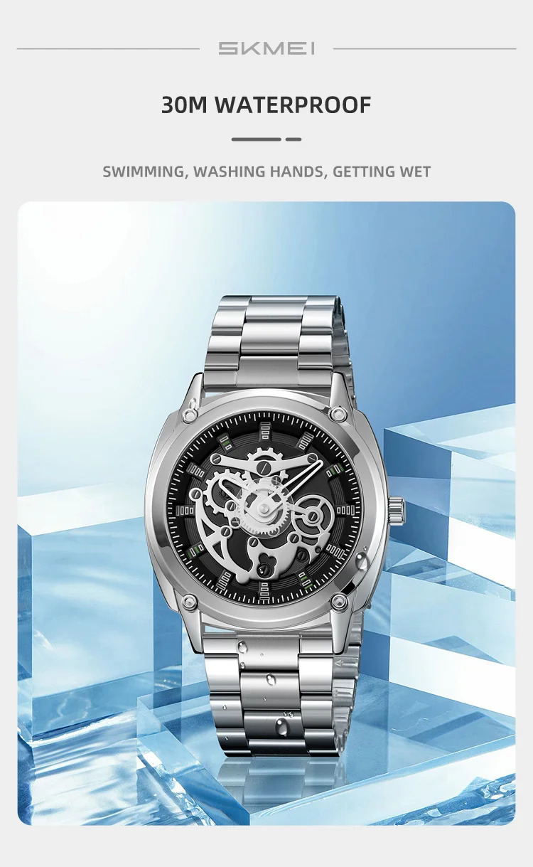 SKMEI Luxurious Complex Quartz Movement Watches Mens Stainless Steel Strap 3Bar Waterproof Time Wristwatches Reloj para hombre