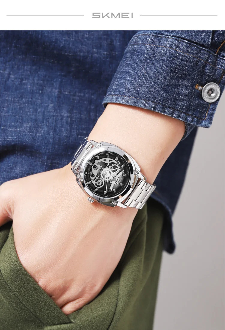 SKMEI Luxurious Complex Quartz Movement Watches Mens Stainless Steel Strap 3Bar Waterproof Time Wristwatches Reloj para hombre