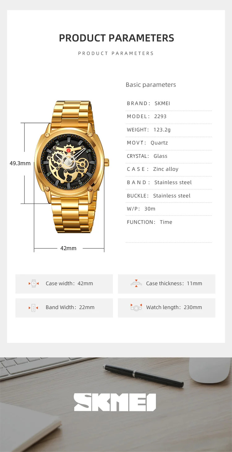 SKMEI Luxurious Complex Quartz Movement Watches Mens Stainless Steel Strap 3Bar Waterproof Time Wristwatches Reloj para hombre