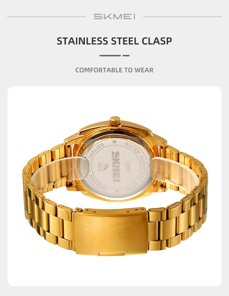 SKMEI Luxurious Complex Quartz Movement Watches Mens Stainless Steel Strap 3Bar Waterproof Time Wristwatches Reloj para hombre
