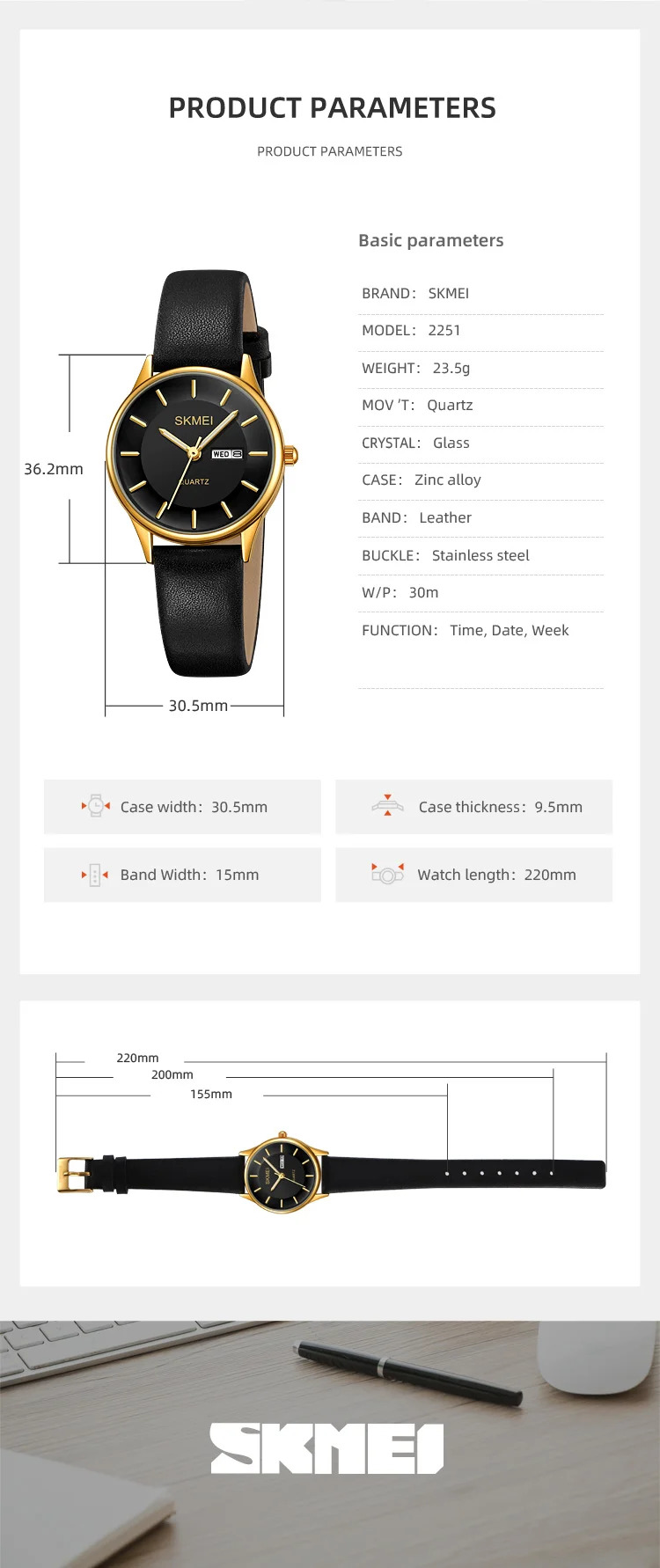 SKMEI Fashion Watches For Women Female Elegance Date Week Quartz Wristwatches Business Ladies Waterproof Watch Relogio Feminino