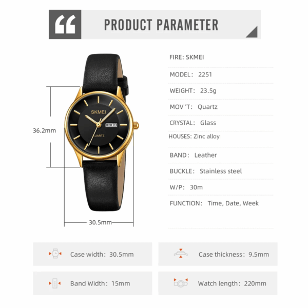 SKMEI 2251 Fashion Quartz Watch - Minimalist Style with Date Display and 30M Water Resistance - Image 6