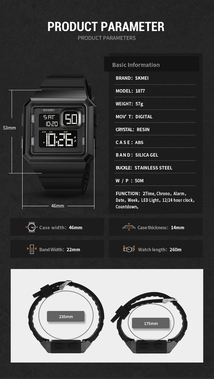 SKMEI Countdown LED Light Digital Wristwatches Outdoor Military Sports Watches For Men 5Bar Waterproof Alarm Watch reloj hombre