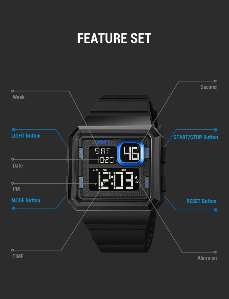 SKMEI Countdown LED Light Digital Wristwatches Outdoor Military Sports Watches For Men 5Bar Waterproof Alarm Watch reloj hombre
