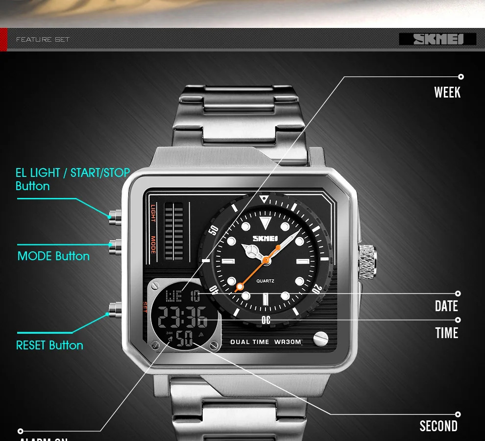 SKMEI Stainless Steel Strap Watches For Men Digital Quartz Watch Day Date Display Personality Alarm Wristwatch Relogio Masculino
