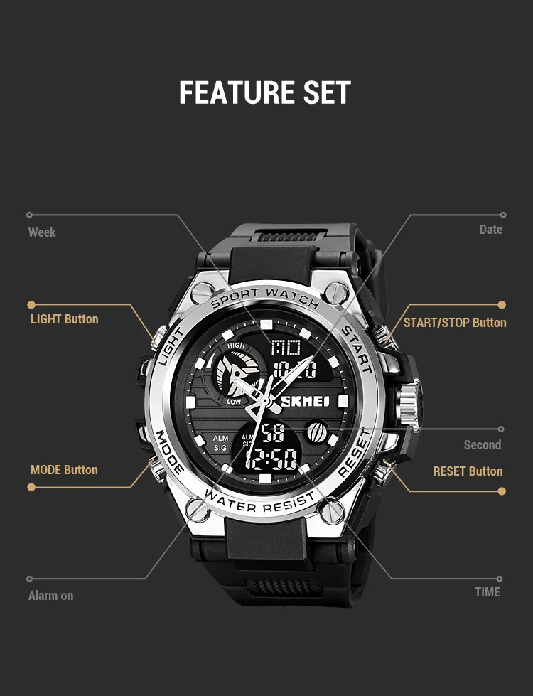 SKMEI Multifunction Chrono Watch 5Bar Waterproof Double Display Digital Wristwatch For Men Back Light Sport Watches reloj hombre