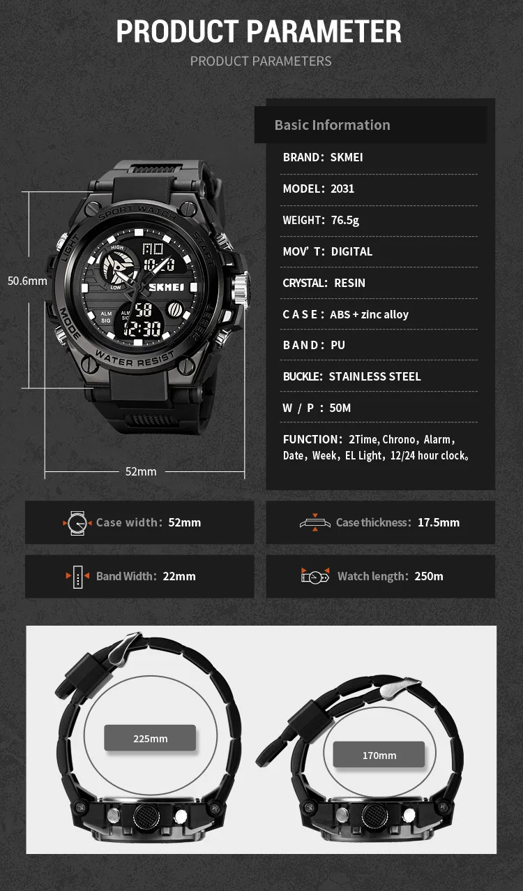 SKMEI Multifunction Chrono Watch 5Bar Waterproof Double Display Digital Wristwatch For Men Back Light Sport Watches reloj hombre