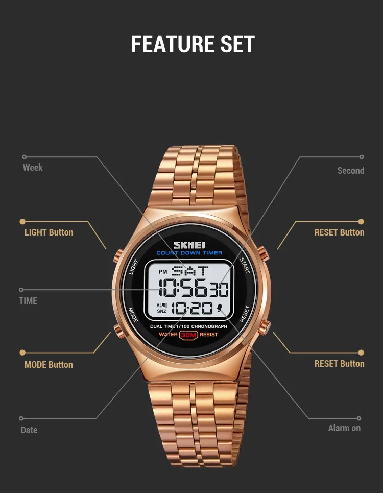 SKMEI Fashion Back Light Display Chrono Waterproof Wristwatches Countdown Digital Electronics Watches For Men Women reloj hombre