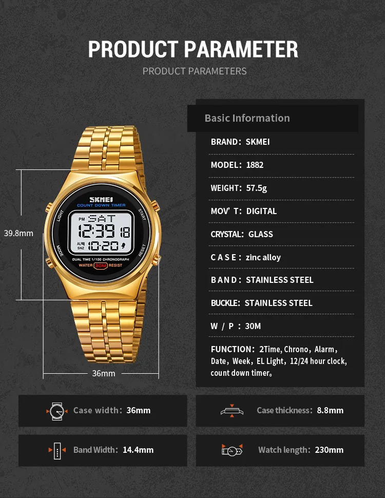 SKMEI Fashion Back Light Display Chrono Waterproof Wristwatches Countdown Digital Electronics Watches For Men Women reloj hombre