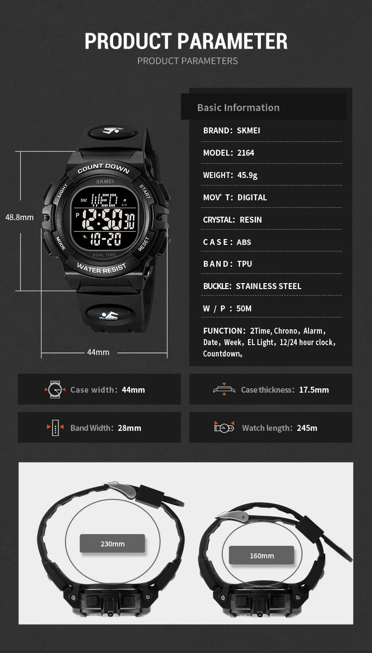 SKMEI Fashion Digital Countdown Sport Watch For Men Women Casual Waterproof Stopwatch Back Light Display Electronics Wristwatch