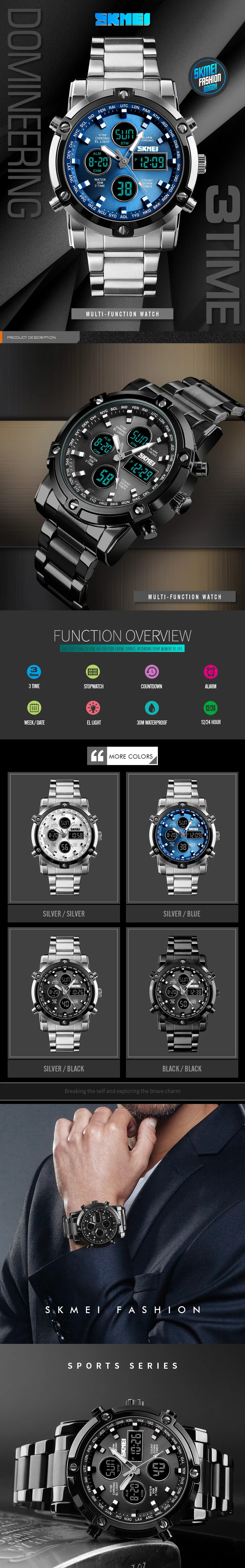 SKMEI Men Countdown Steel Strap Electronic Wristwatch Three Time Clock Digital Quartz Watch Dual Display Watch Relogio Masculino