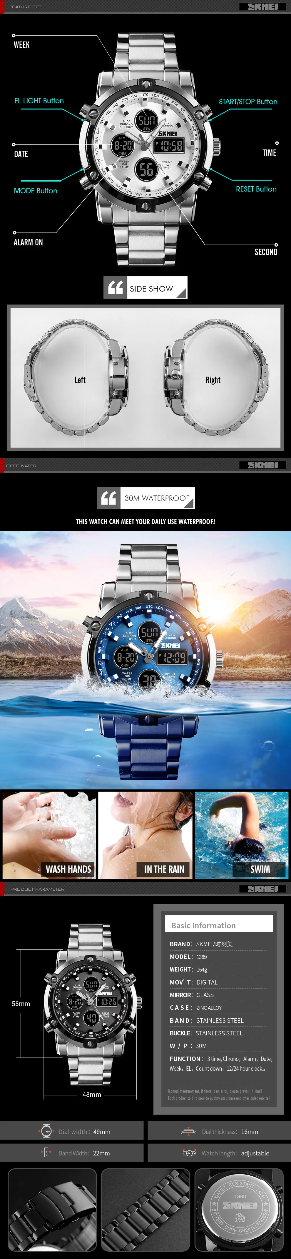 SKMEI Men Countdown Steel Strap Electronic Wristwatch Three Time Clock Digital Quartz Watch Dual Display Watch Relogio Masculino