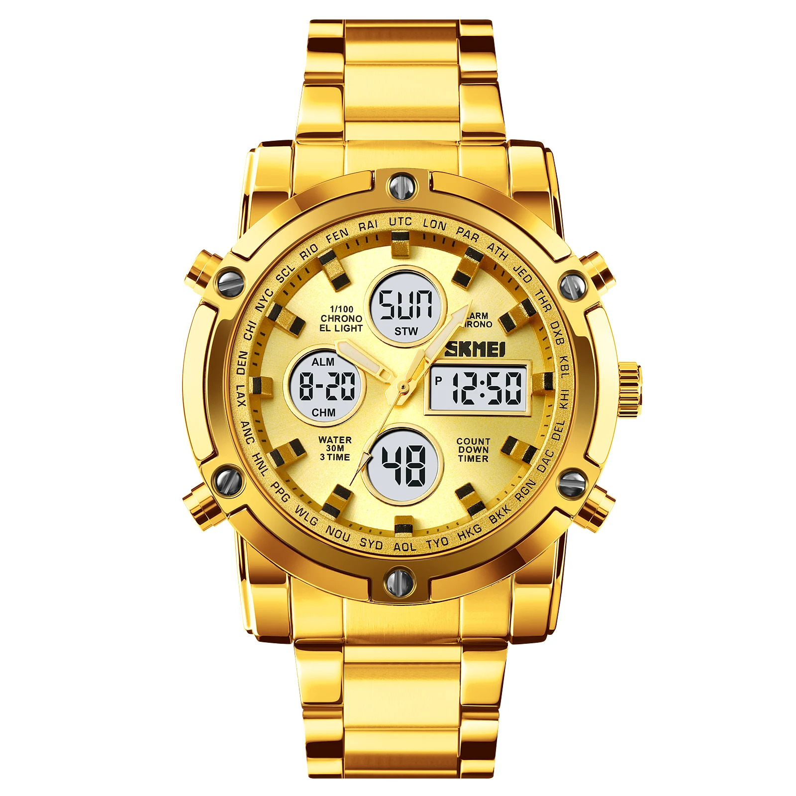 SKMEI Men Countdown Steel Strap Electronic Wristwatch Three Time Clock Digital Quartz Watch Dual Display Watch Relogio Masculino