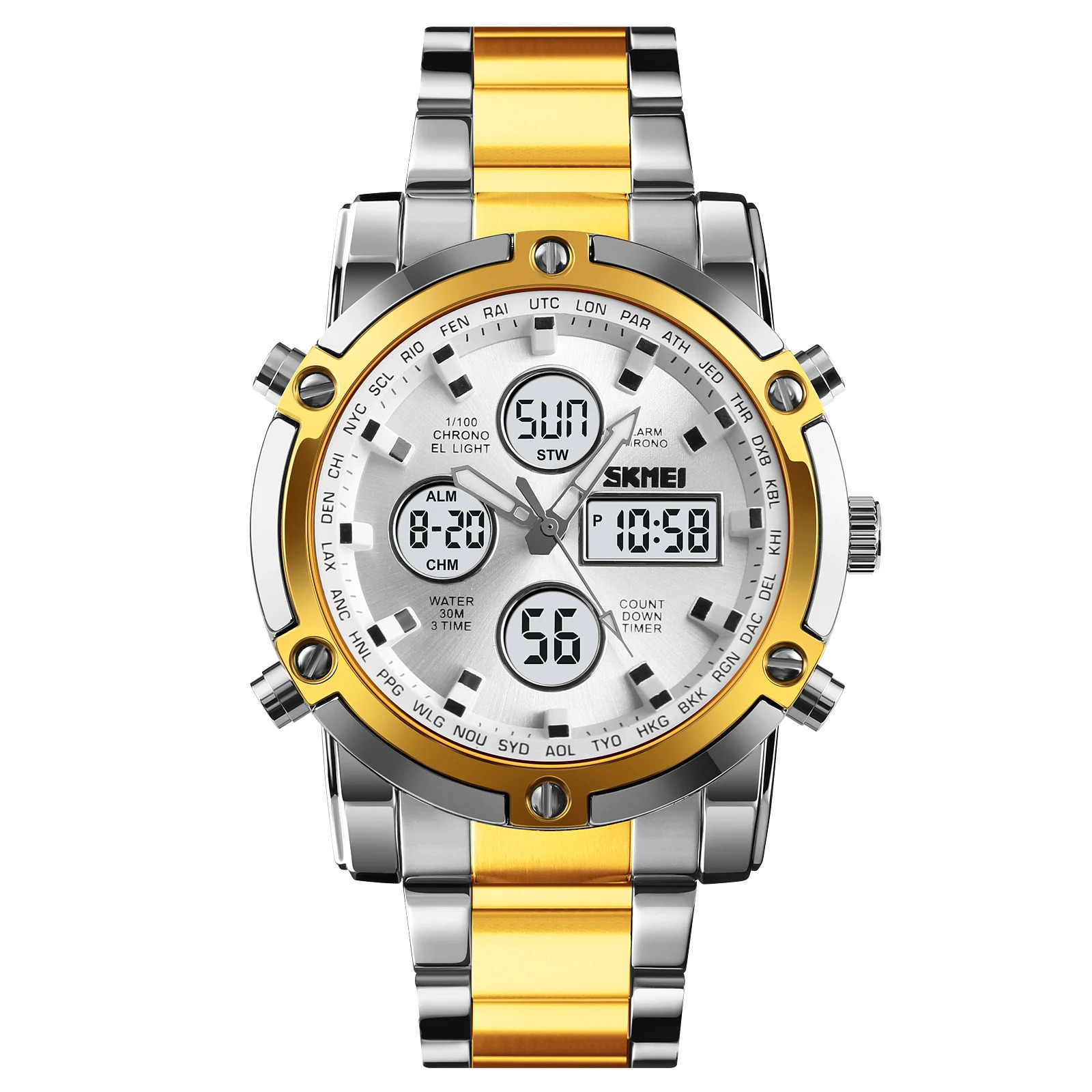 SKMEI Men Countdown Steel Strap Electronic Wristwatch Three Time Clock Digital Quartz Watch Dual Display Watch Relogio Masculino