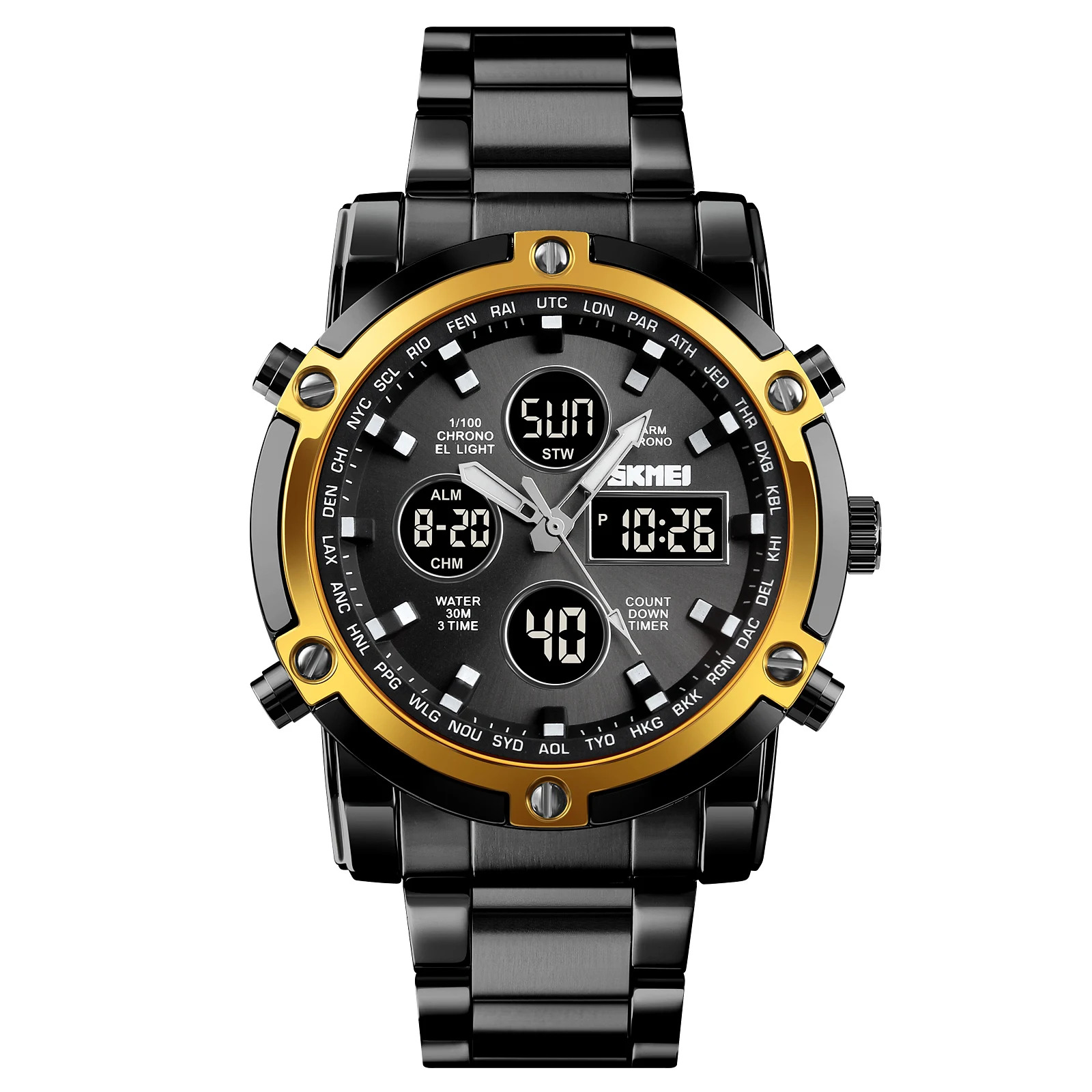 SKMEI Men Countdown Steel Strap Electronic Wristwatch Three Time Clock Digital Quartz Watch Dual Display Watch Relogio Masculino