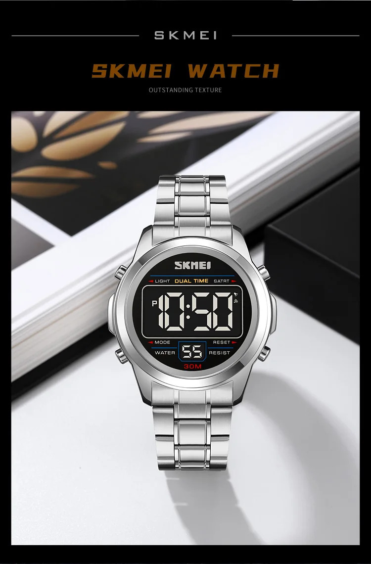 SKMEI Stainless Steel Strip Electronics Sports Watches For Men Women Chrono Waterproof Digital Wristwatch Alarm Date Week Watch