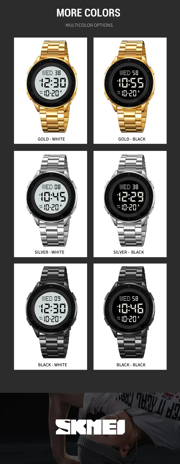 SKMEI Stainless Steel Strip Electronics Sports Watches For Men Women Chrono Waterproof Digital Wristwatch Alarm Date Week Watch