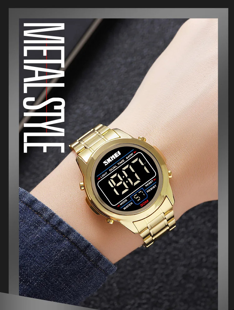 SKMEI Stainless Steel Strip Electronics Sports Watches For Men Women Chrono Waterproof Digital Wristwatch Alarm Date Week Watch