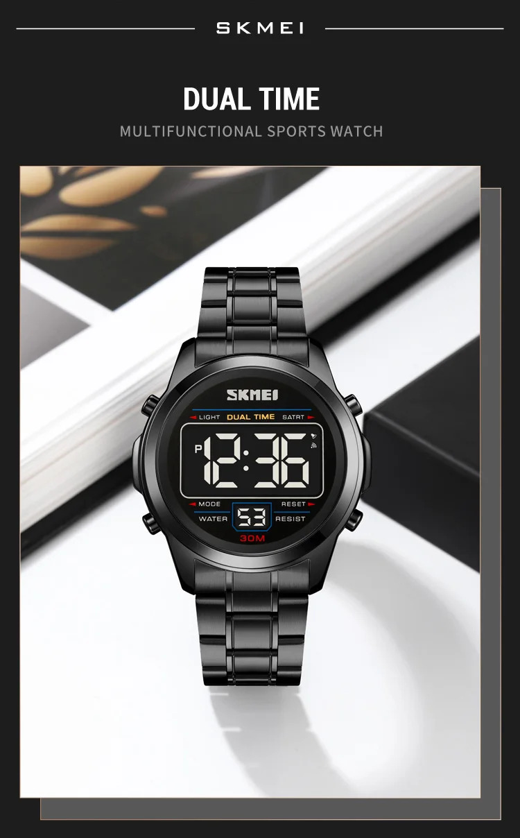 SKMEI Stainless Steel Strip Electronics Sports Watches For Men Women Chrono Waterproof Digital Wristwatch Alarm Date Week Watch