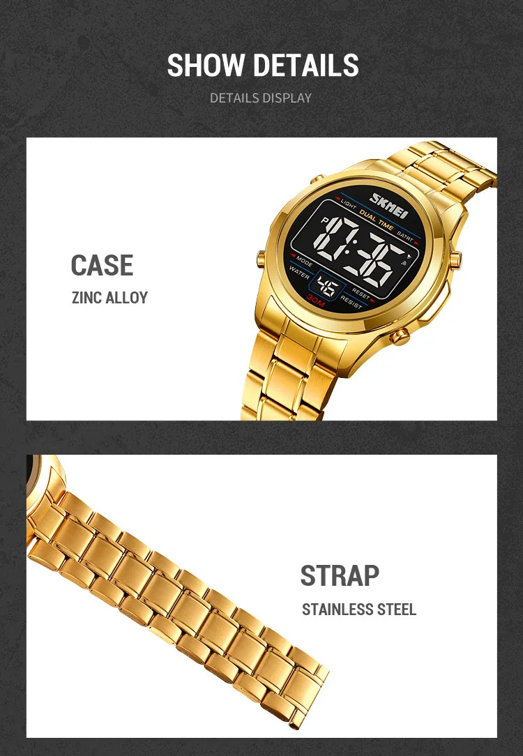 SKMEI Stainless Steel Strip Electronics Sports Watches For Men Women Chrono Waterproof Digital Wristwatch Alarm Date Week Watch