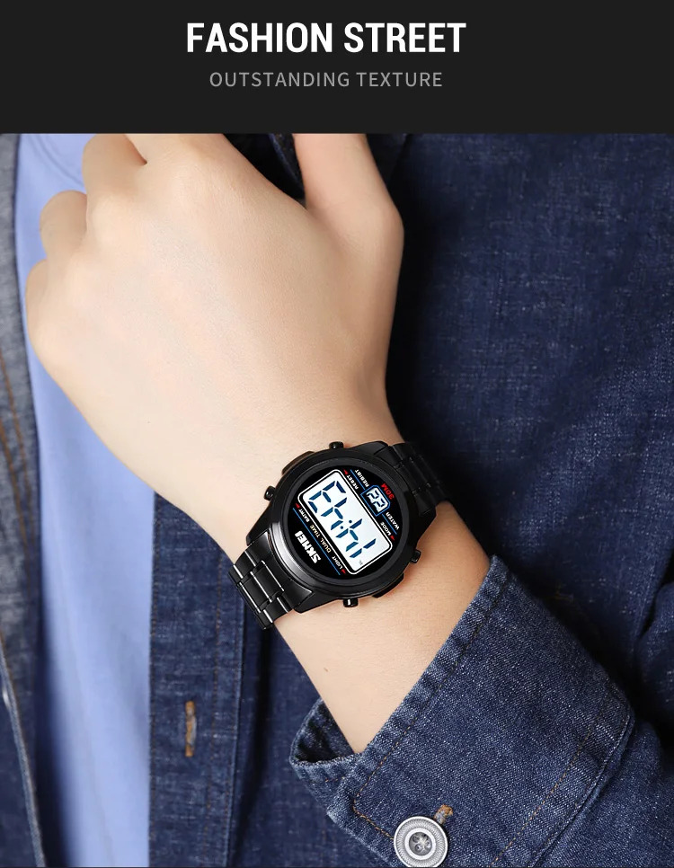 SKMEI Stainless Steel Strip Electronics Sports Watches For Men Women Chrono Waterproof Digital Wristwatch Alarm Date Week Watch
