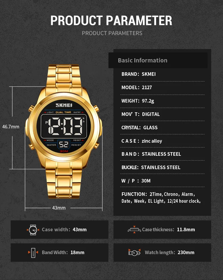 SKMEI Stainless Steel Strip Electronics Sports Watches For Men Women Chrono Waterproof Digital Wristwatch Alarm Date Week Watch