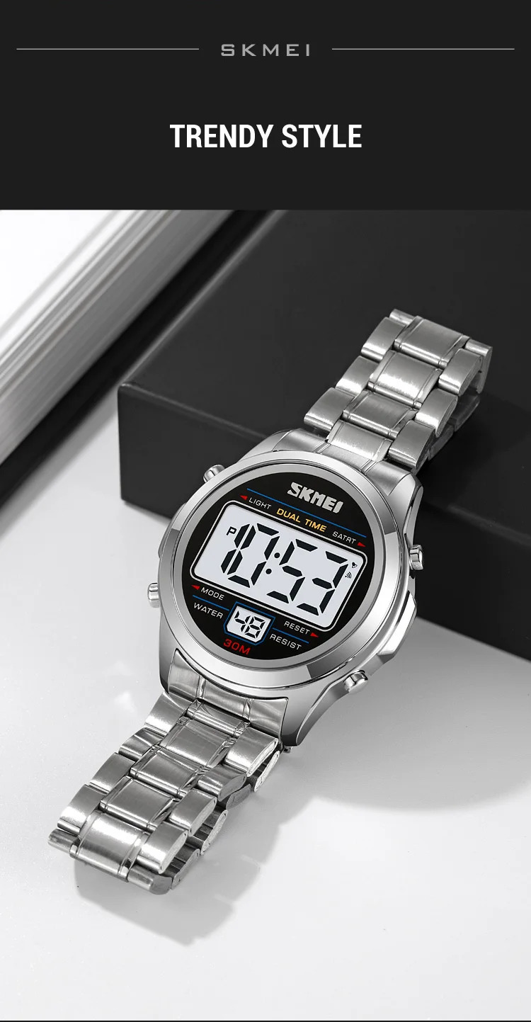 SKMEI Stainless Steel Strip Electronics Sports Watches For Men Women Chrono Waterproof Digital Wristwatch Alarm Date Week Watch