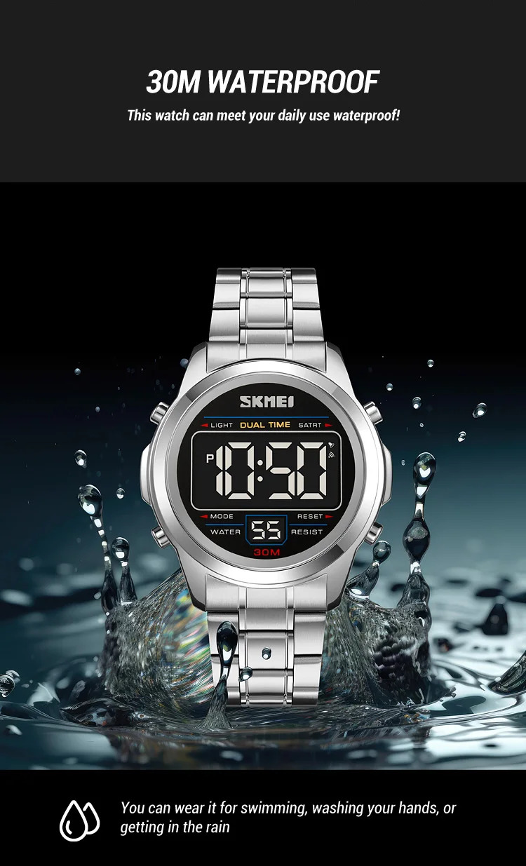 SKMEI Stainless Steel Strip Electronics Sports Watches For Men Women Chrono Waterproof Digital Wristwatch Alarm Date Week Watch