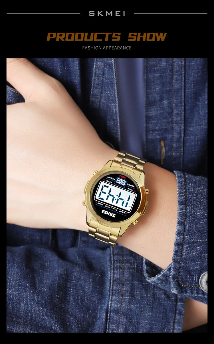 SKMEI Stainless Steel Strip Electronics Sports Watches For Men Women Chrono Waterproof Digital Wristwatch Alarm Date Week Watch