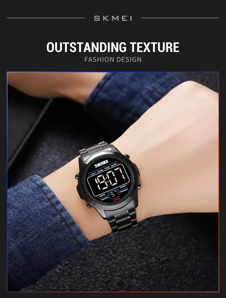 SKMEI Stainless Steel Strip Electronics Sports Watches For Men Women Chrono Waterproof Digital Wristwatch Alarm Date Week Watch