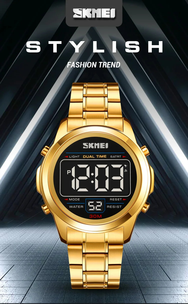 SKMEI Stainless Steel Strip Electronics Sports Watches For Men Women Chrono Waterproof Digital Wristwatch Alarm Date Week Watch