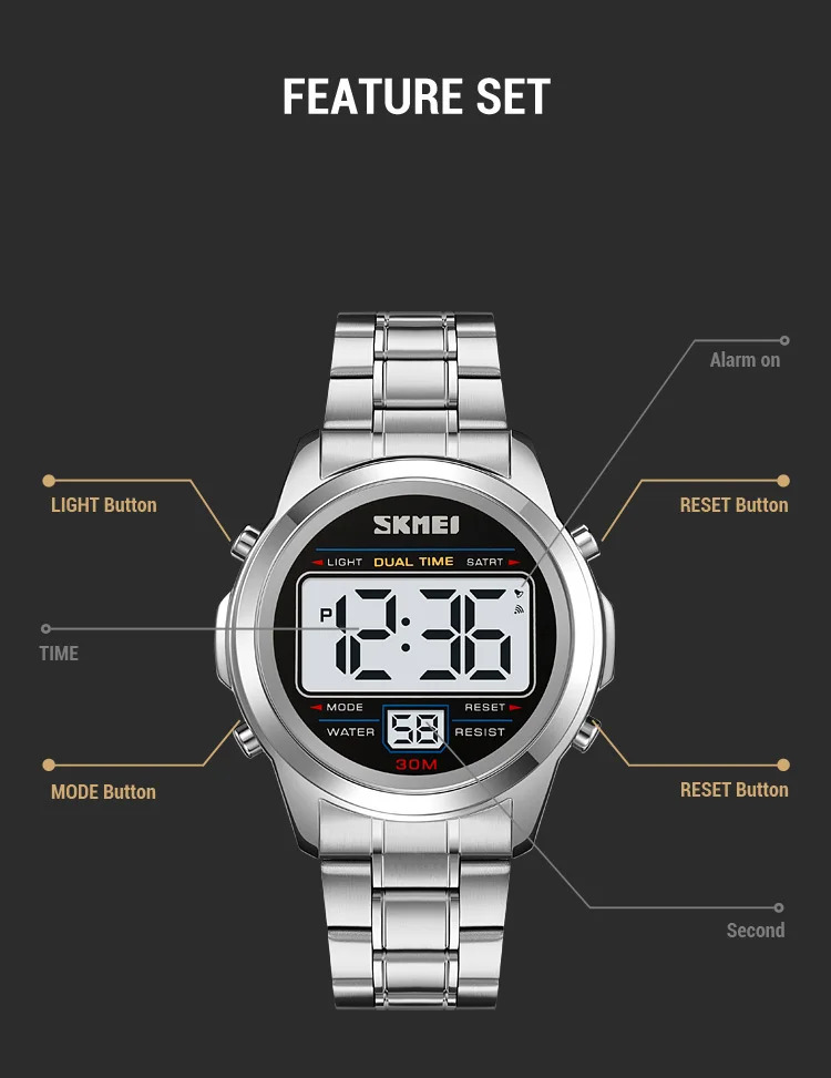 SKMEI Stainless Steel Strip Electronics Sports Watches For Men Women Chrono Waterproof Digital Wristwatch Alarm Date Week Watch