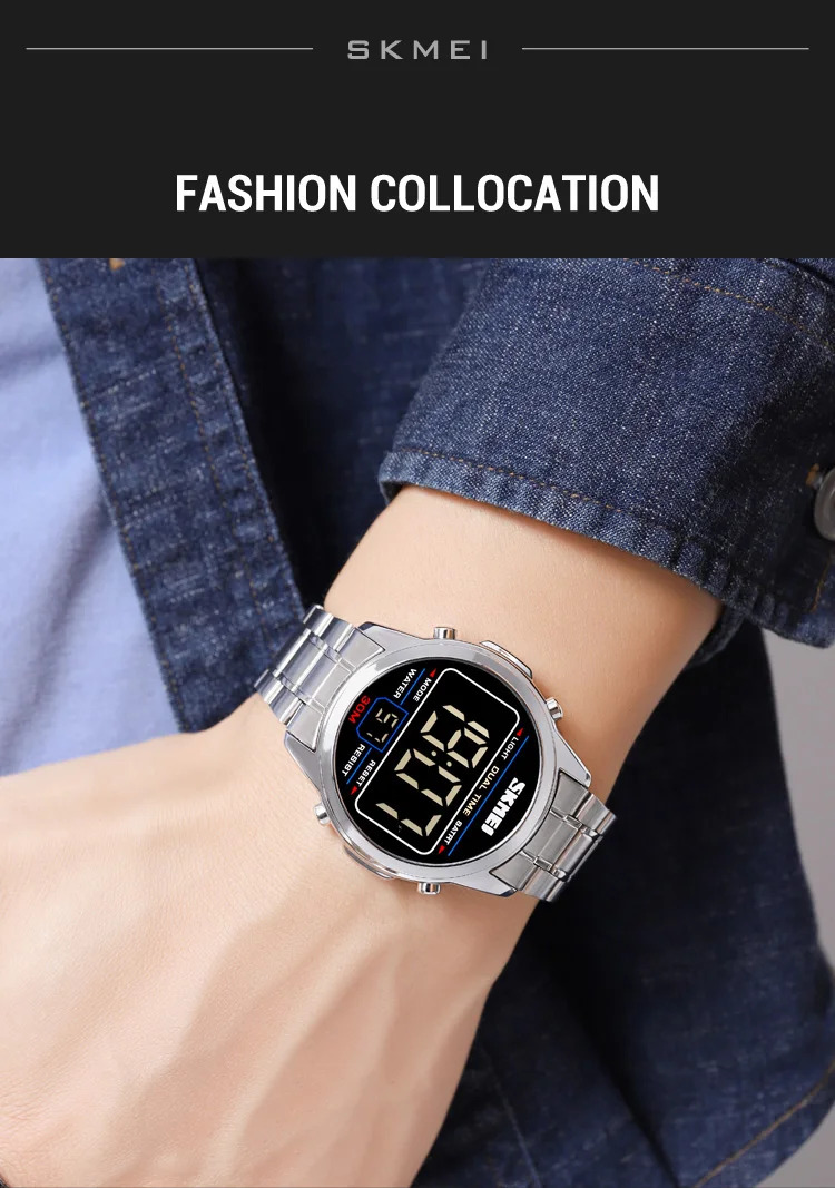 SKMEI Stainless Steel Strip Electronics Sports Watches For Men Women Chrono Waterproof Digital Wristwatch Alarm Date Week Watch