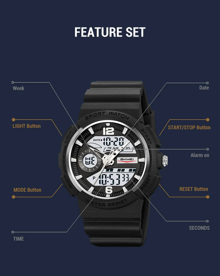 SKMEI 2Time Fashion Digital Electronics Watch Sports LED Light Quartz Watches For Men Waterproof Alarm Wristwatches Reloj Hombre