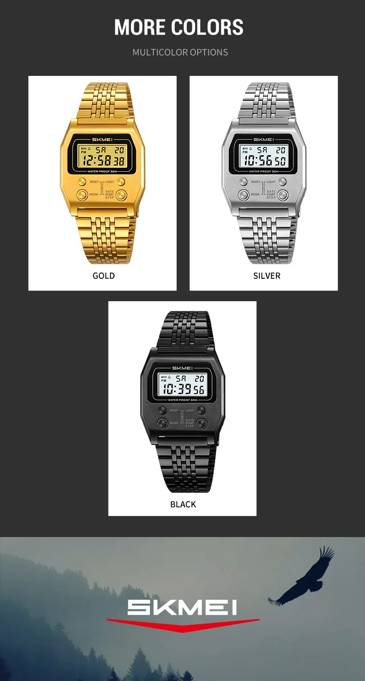 SKMEI Fashion Waterproof Digital Electronics Watches For Men Women Simple Stainless Steel Strip EL Light Wristwatch Reloj Hombre
