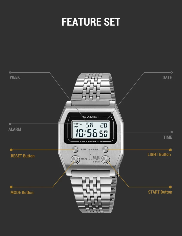 SKMEI Fashion Waterproof Digital Electronics Watches For Men Women Simple Stainless Steel Strip EL Light Wristwatch Reloj Hombre