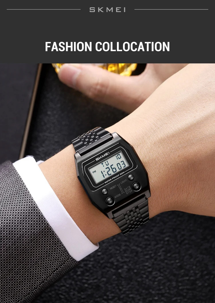 SKMEI Fashion Waterproof Digital Electronics Watches For Men Women Simple Stainless Steel Strip EL Light Wristwatch Reloj Hombre