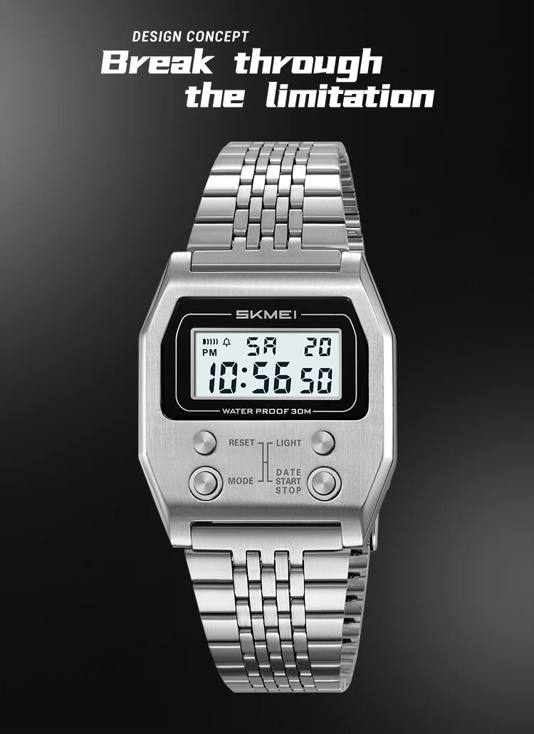 SKMEI Fashion Waterproof Digital Electronics Watches For Men Women Simple Stainless Steel Strip EL Light Wristwatch Reloj Hombre