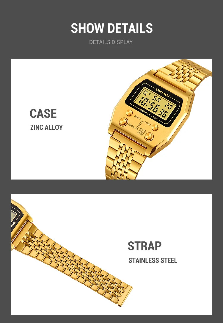 SKMEI Fashion Waterproof Digital Electronics Watches For Men Women Simple Stainless Steel Strip EL Light Wristwatch Reloj Hombre