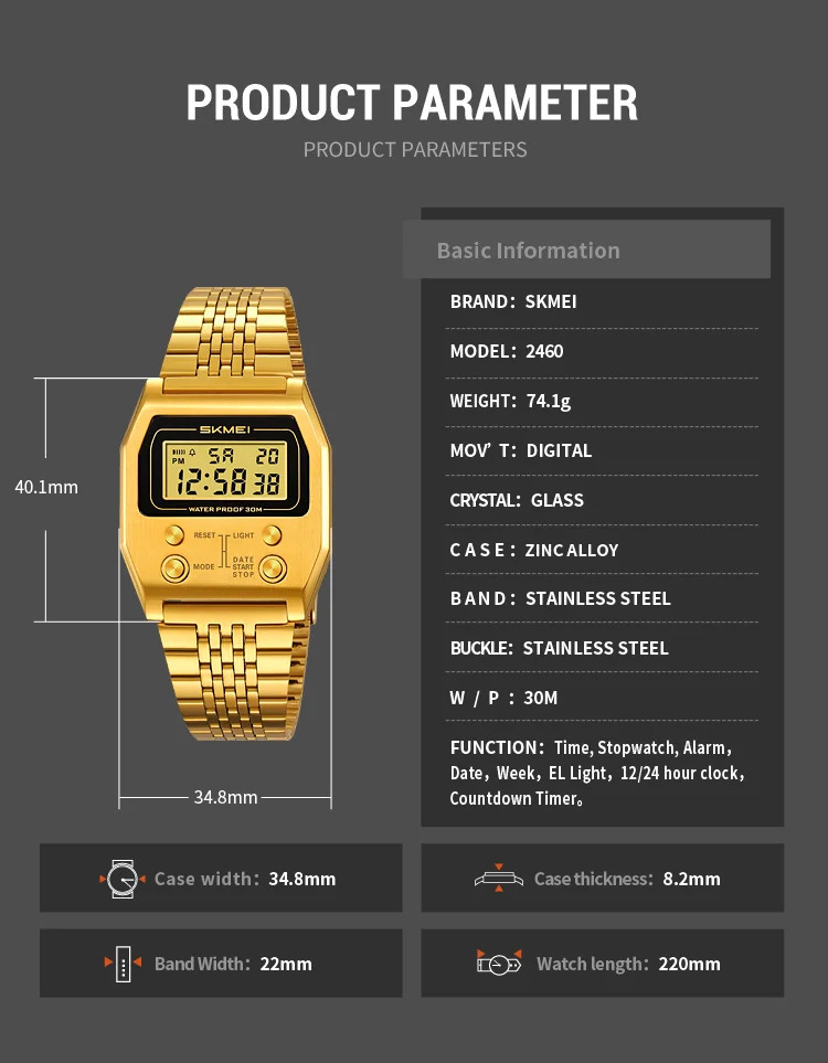 SKMEI Fashion Waterproof Digital Electronics Watches For Men Women Simple Stainless Steel Strip EL Light Wristwatch Reloj Hombre