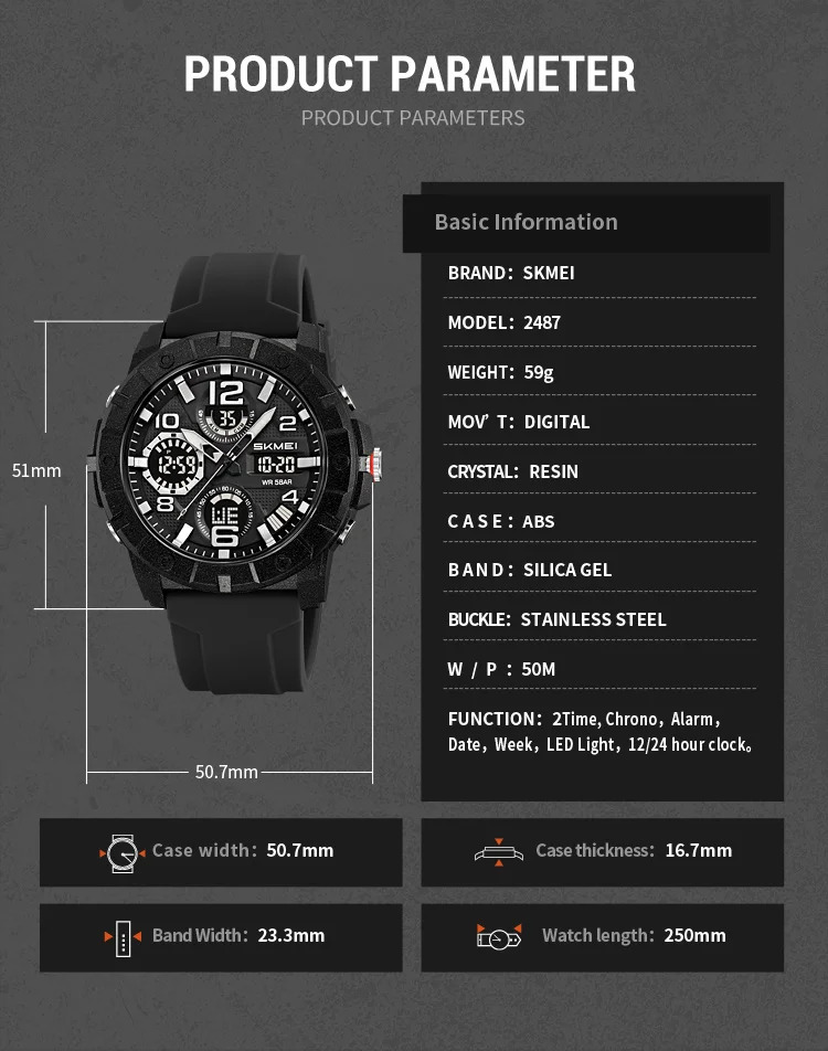 SKMEI Fashion 2Time Digital Electronics Watch Sports LED Light Quartz Watches For Men Waterproof Alarm Wristwatches Reloj Hombre