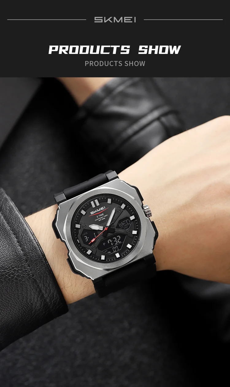 SKMEI 3Time Dual Display Digital Electronics Watch Sports LED Light Quartz Watches For Men Waterproof Wristwatches Reloj Hombre