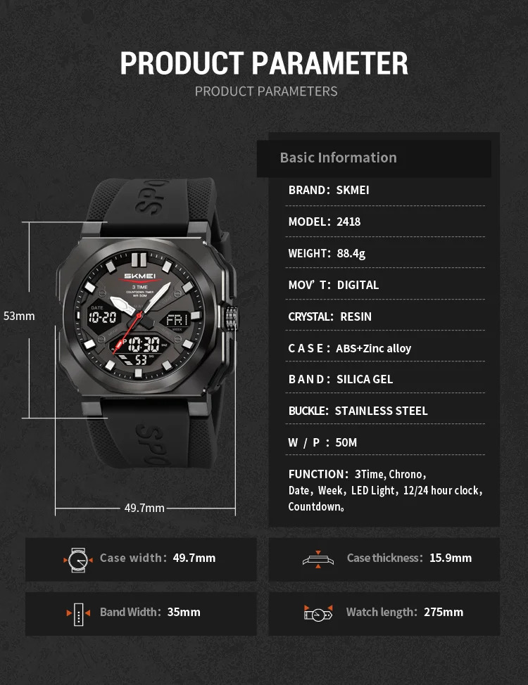 SKMEI 3Time Dual Display Digital Electronics Watch Sports LED Light Quartz Watches For Men Waterproof Wristwatches Reloj Hombre