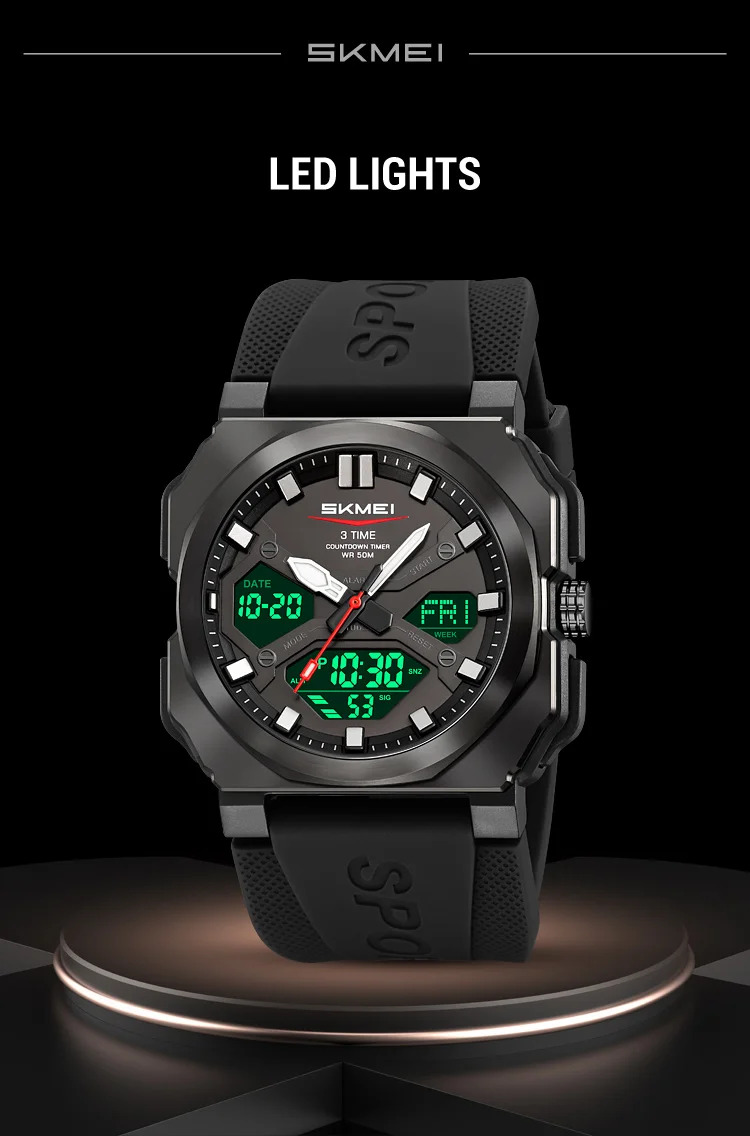 SKMEI 3Time Dual Display Digital Electronics Watch Sports LED Light Quartz Watches For Men Waterproof Wristwatches Reloj Hombre