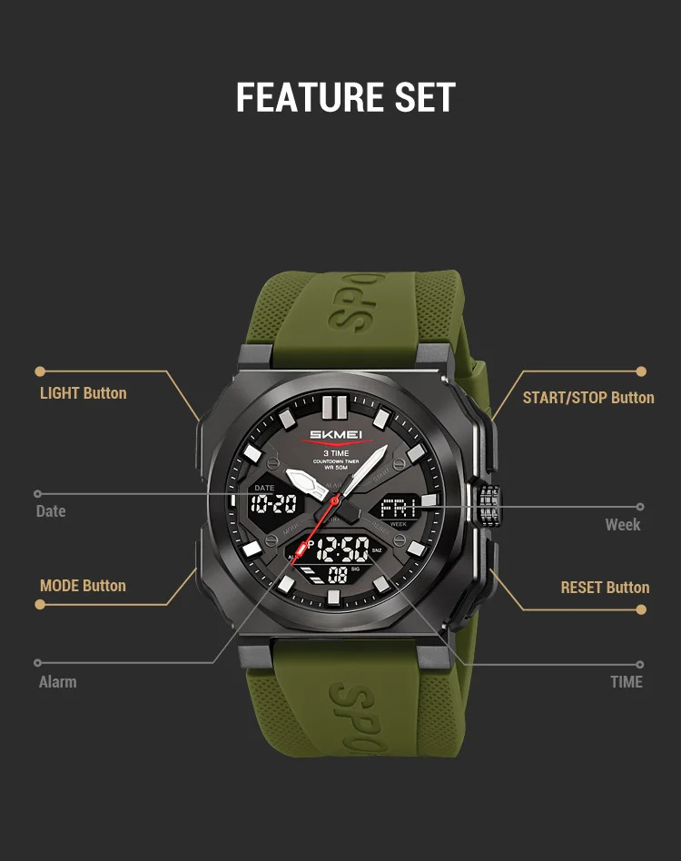 SKMEI 3Time Dual Display Digital Electronics Watch Sports LED Light Quartz Watches For Men Waterproof Wristwatches Reloj Hombre