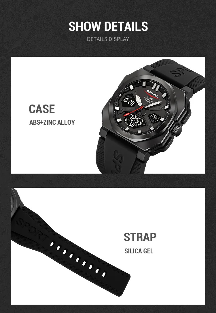 SKMEI 3Time Dual Display Digital Electronics Watch Sports LED Light Quartz Watches For Men Waterproof Wristwatches Reloj Hombre