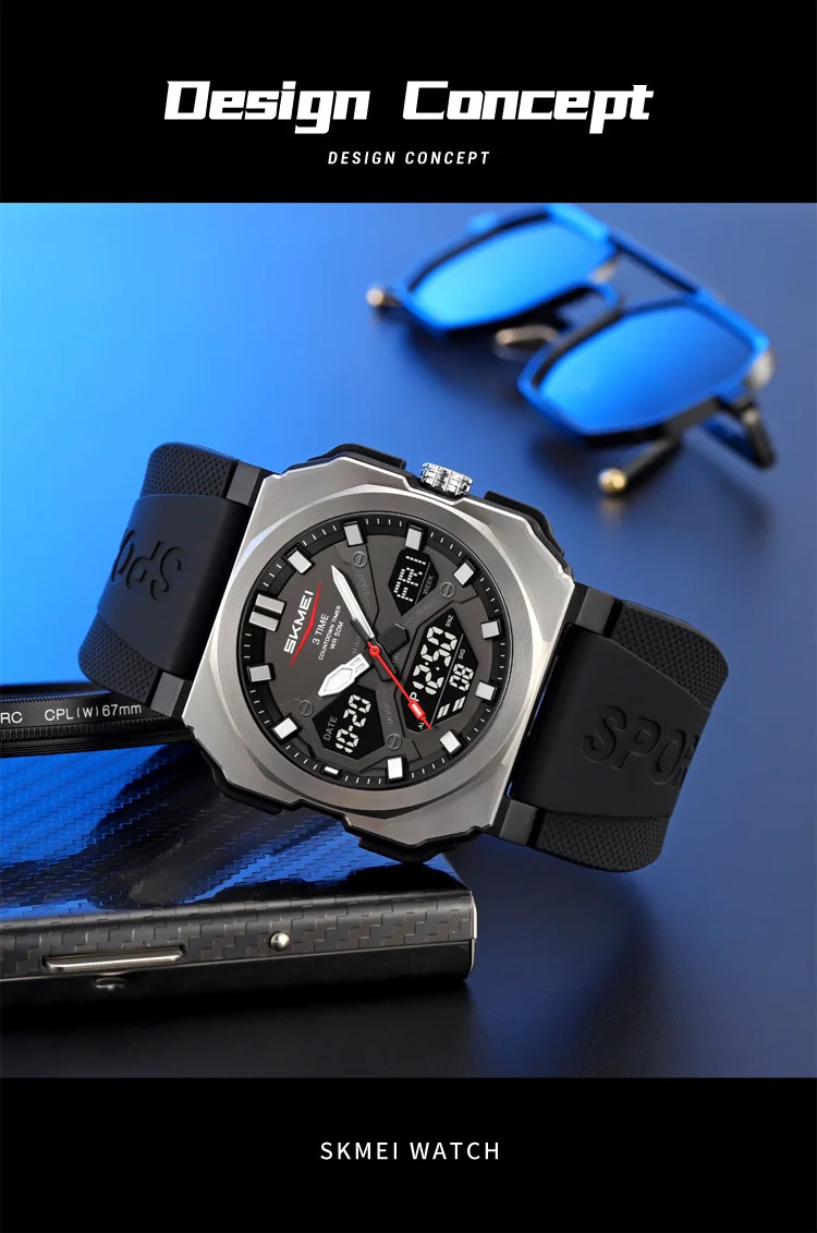 SKMEI 3Time Dual Display Digital Electronics Watch Sports LED Light Quartz Watches For Men Waterproof Wristwatches Reloj Hombre