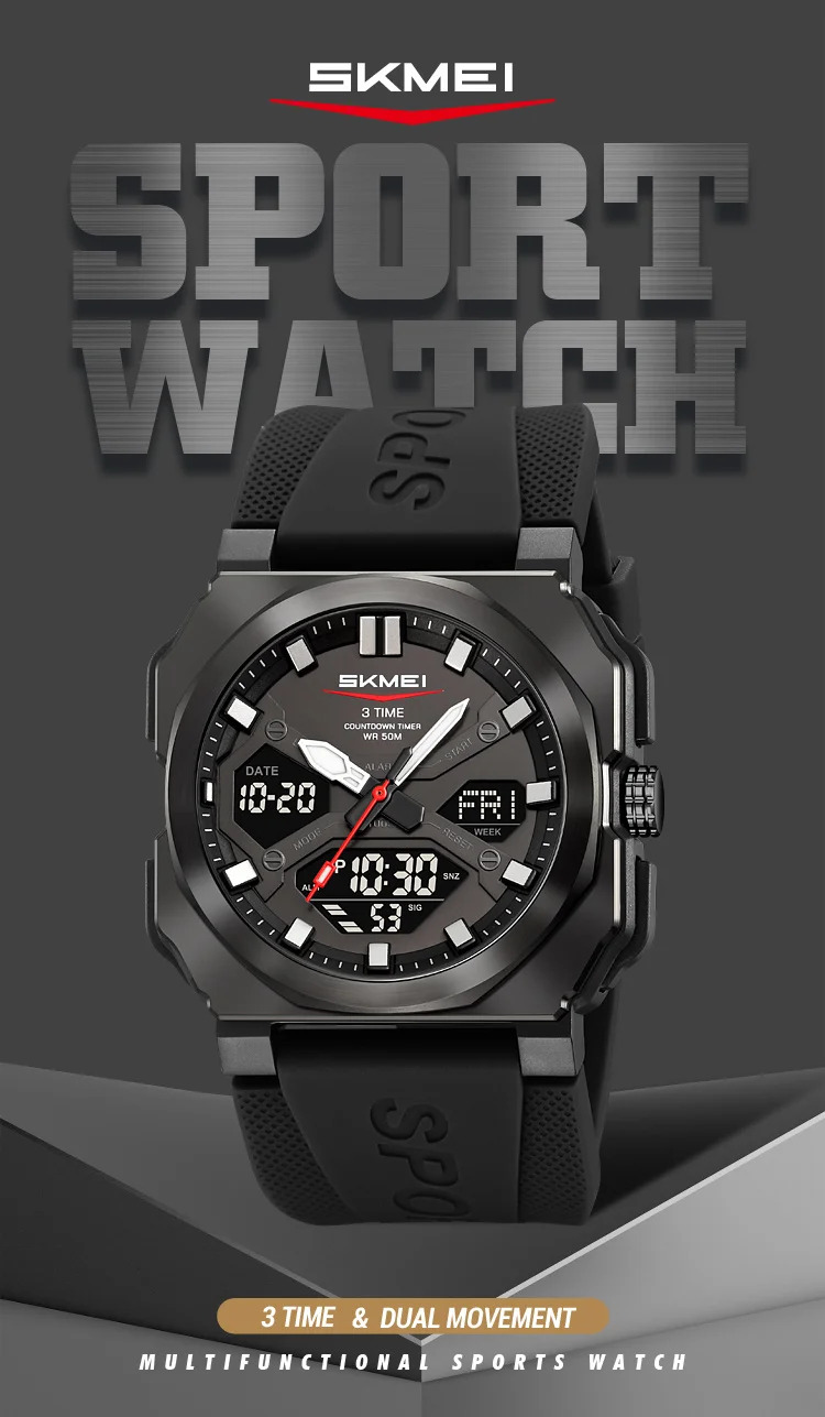 SKMEI 3Time Dual Display Digital Electronics Watch Sports LED Light Quartz Watches For Men Waterproof Wristwatches Reloj Hombre
