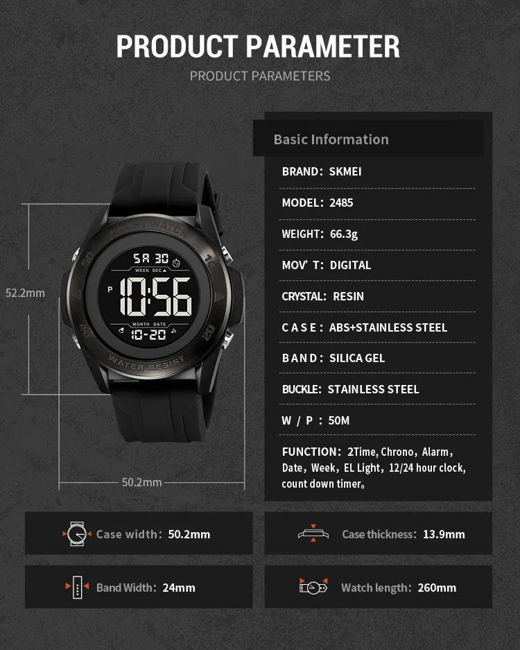 SKMEI Alarm Chrono Digital Watch Count Down Timer Military Sports Wristwatches For Men Women Waterproof Date Electronics Watches