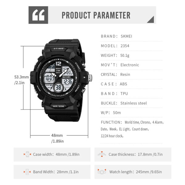 Skmei 2354 World Time Chronograph Digital Sports Watch with Alarm for Men Women (50M Waterproof) - Image 6
